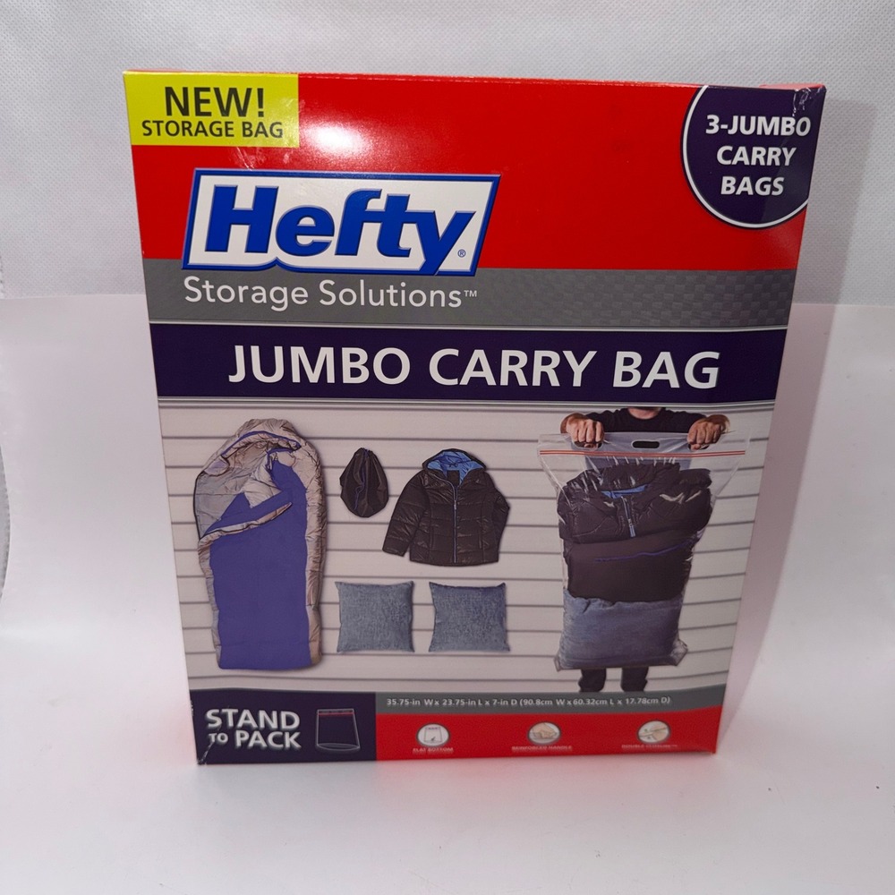 Hefty Jumbo 3 Pack‎ Storage Carry Bags Clear Stand to Pack Home Organization NEW